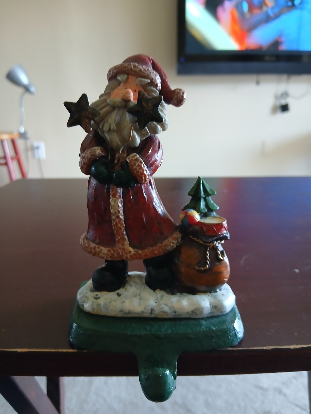 Red Santa Cast Iron & Resin Figurine Holiday Hook with Tree and Sack - Decor